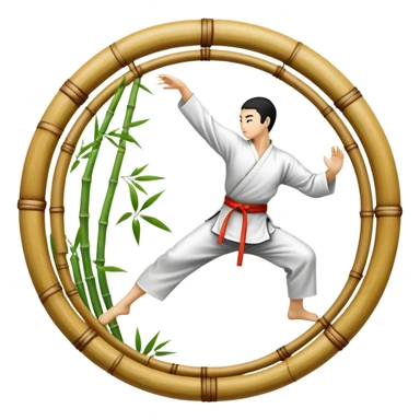 An icon symbolizing Eastern martial arts in the style of an emblem, with a black-and-white Yin-Yang symbol at the center. The design shows a martial artist performing a graceful kick, surrounded by bamboo and traditional elements. Transparent background emphasizes balance and harmony sticker