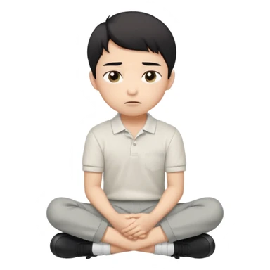 A cartoon young Asian boy with short black hair, light beige skin, and large expressive eyes, wearing a white polo shirt, gray pants, and black shoes. He sits cross-legged on the ground, one fist resting on his cheek, with a closed-mouth smirk. Clean lines, flat colors, solid black background. sticker