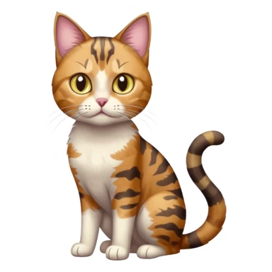 full body anxious looking colourful light calico tabby cat with hazel eyes and patchy brown tabby sections of fur sticker
