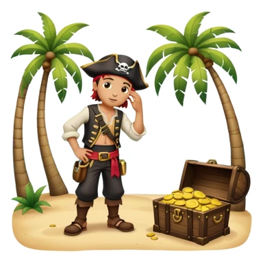 kid pirate with hand on forehead looking for something, one foot on treasure chest, palm trees in background sticker