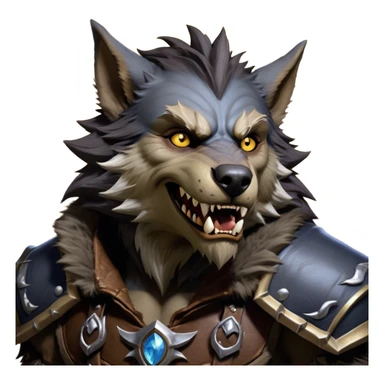 Cinematic Realistic WoW Worgen Portrait, head tilted dramatically with an exaggeratedly amused expression, blending ferocious beastliness with a touch of unexpected humor. His rugged fur, tanned skin, and worn leather garments are rendered with meticulous detail and dynamic lighting, high shine, dramatic yet whimsical, capturing the essence of a worgen whose epic might is tempered by a playful, irreverent charm. sticker