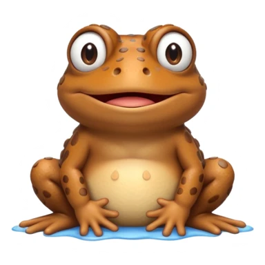 A 3D cartoon toad sitting on damp ground, bumpy brown skin, wide mouth, gentle expression, soft light and clean background, Memoji-style. sticker