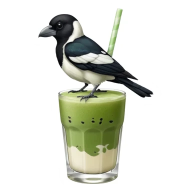  ONE Australien Magpie (just black and white feathers) sitting on an iced matcha latte on the edge of the glass. It has green matcha on its beak indicating it drank. The iced matxha latte is in a see through glass and white from the oat milk on the bottom and green on top… one straw and ice cubes sticker