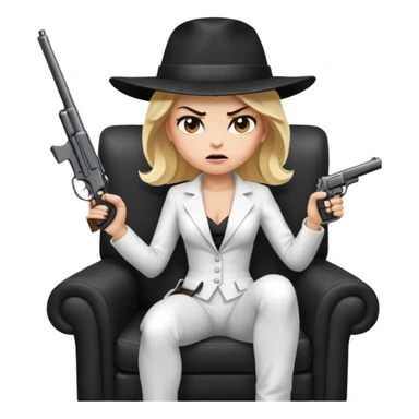 Mafia blondes angry woman in hat , gun ,black armchair , white costume  sticker