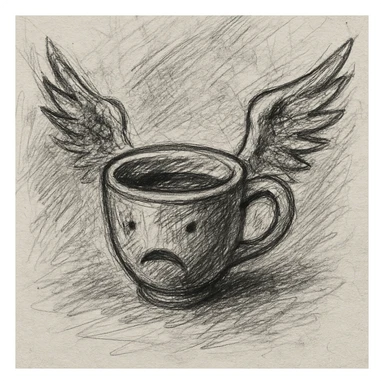 a cup with wings, pencil sketch style, rough and expressive, sketchbook background sticker