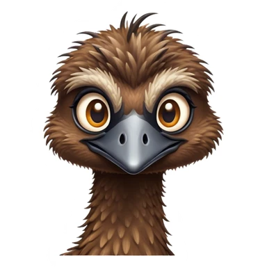 Cinematic Cute Emu Portrait Emoji, Head tilted playfully and inquisitively, featuring a glossy, textured brown plumage with a perky head and round, sparkling eyes full of curious wonder, Simplified yet irresistibly adorable features, highly detailed, glowing with a warm, friendly glow, high shine, affectionate and lively, stylized with a touch of outback whimsy, bright and endearing, soft glowing outline, capturing the essence of a mischievous yet loving emu, so playful it feels like it could gallop out of the screen into your arms! sticker