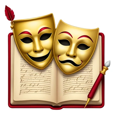 Create a bold and dramatic emoji representing the art of playwriting. The design should feature an open script or a theater playbook, with stylized text inside. Include elements like a theatrical comedy and tragedy masks, a stage spotlight, or a writting quill to symbolize creativity and performance. Use deep, contrasting colors like red, black, and gold to evoke the intensity and passion of drama. The overall design should feel dramatic, inspiring, and artistic. Make the background transparent. sticker