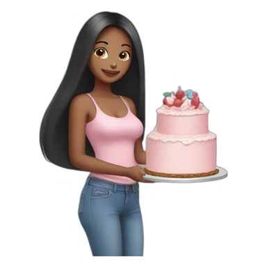 Thin fair girl with little long face and long black straight hairs, in baby pink top and blue jeans holding a cake  sticker
