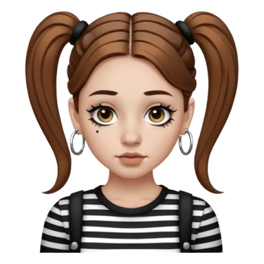 a white girl with brown hair in very low pigtails black eyeliner big false eyelashes with a septum piercing nose piercing big hoop earings dermals close to the eyes one on each side wearing a black and white striped long sleeve shirt sticker