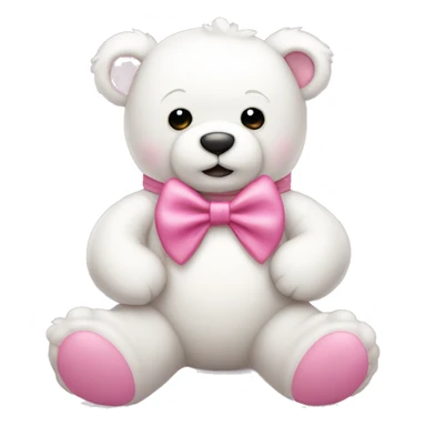 white teddy bear wearing a pink bow and holding a pink hart sticker