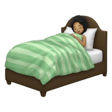 white girl with curly black hair sleeping in a bed with faded green striped comforters sticker