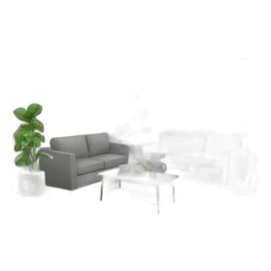 White living room with a grey couch and plants sticker