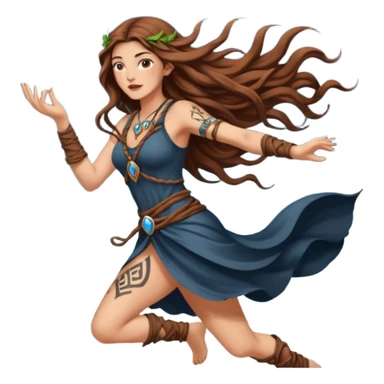 moon druid woman long wavy brown hair tattoos pulling rune card from air sticker