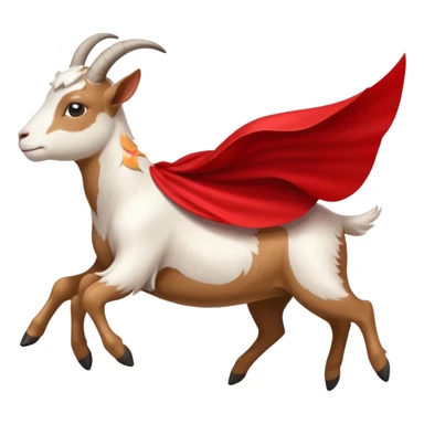side view of white female goat wearing a read cape like superman sticker