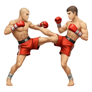 An icon showcasing a kickboxer in action, using precise techniques with both feet and elbows. One fighter delivers a powerful kick to the opponent's legs, while the other counters with an elbow strike. The background features a ring and a dynamic atmosphere. Transparent background  sticker