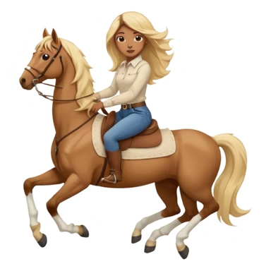 Brown girl with very long blonde/gold hair that’s blowing in the wind wearing a cream colored collared long sleeve shirt and jeans with brown boots on top of a brown horse with 4 legs sticker