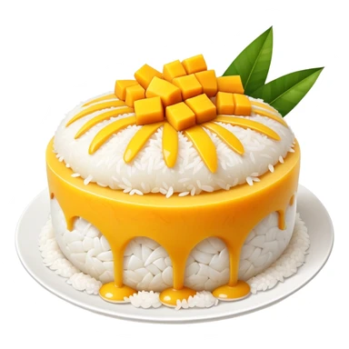 cinematic-realistic-mango-sticky-rice-dessert-emoji,-showcasing-sweet-sticky-rice out of a mould-paired-with-ripe-mango-slices-and-coconut-milk-rendered-with-lifelike-detail-and-warm,-inviting-lighting with the coconut  milk over the rice sticker