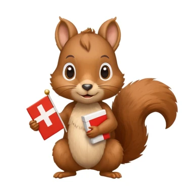 a squirrel holding a brown gift box in one hand and a Swiss flag in the other, both objects clearly visible, simple white background, the gift is a different color from the flag sticker
