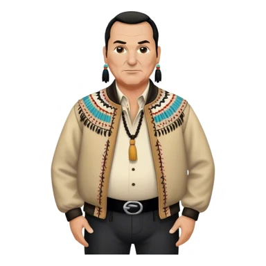 unhealthy steven segal standing balding with ponytail. pot belly. native american style jacket-with-tassles black pants big belly sticker