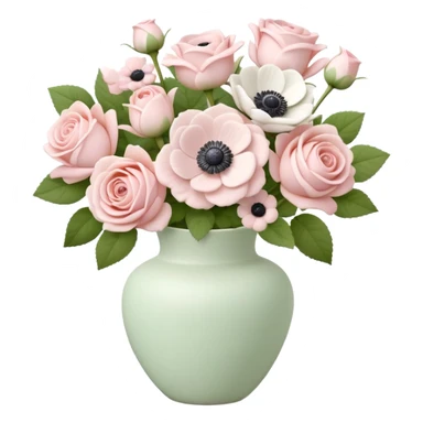 light pink roses and white anemone flowers bouquet in ceramic clay vase, soft sticker