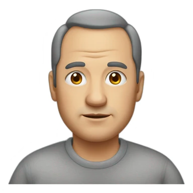 a man in his 50s with a receding hairline and obesity in a gray sweatshirt looks with a squint. sticker