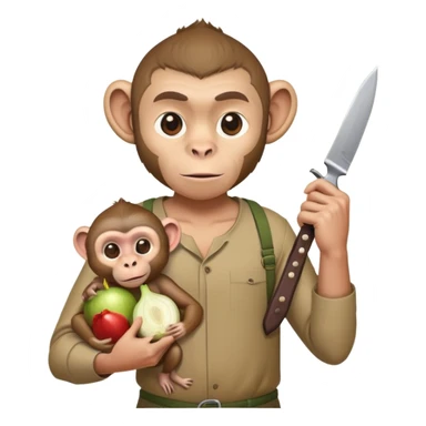 macaco com um um homem nas costas e com uma faca na mão querendo corta a cebol sticker