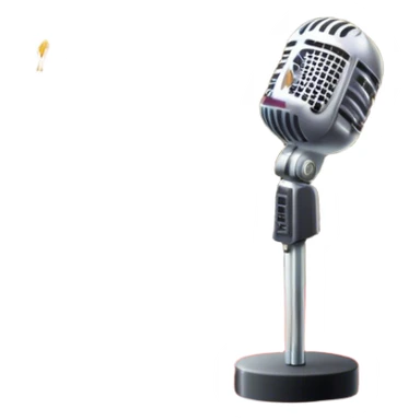 Create a glamorous and vibrant emoji that represents pop or stage vocal performance. The design should feature an empty stage with concert lighting. Include elements like an iconic stage microphone with a sparkling, rhinestone-studded microphone stand, set on a red carpet, a celebratory firework display in the background and a ribbon of musical notes flowing around the scene to symbolize the performance's energy. Use bright colors like gold, red, and silver to emphasize the excitement and glitz of the pop vocal world. The background should be transparent. sticker