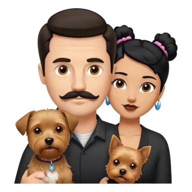 Tall white man with dark hair mustache goatee, and short woman with black hair bun, and a yorkshire terrier dog sticker