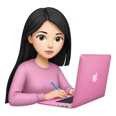 Mujer lacia peli larga y peli larga  en una MacBook rosa investigando y haciendo tareas con un libro de apuntes y con cara muy linda como modelo sticker