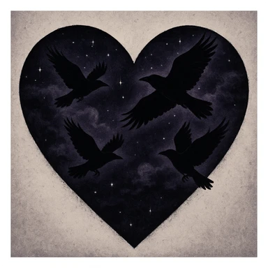 emo heart with night sky and dark ravens sticker
