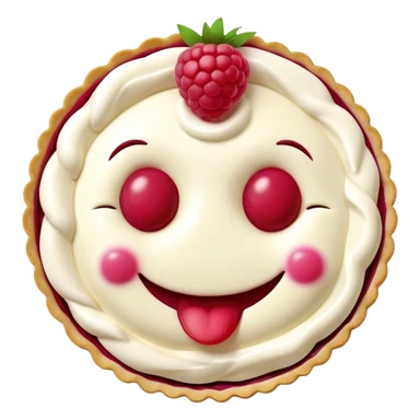 Raspberry cream pie with fresh raspberries on top in the shape of a smiley face sticker