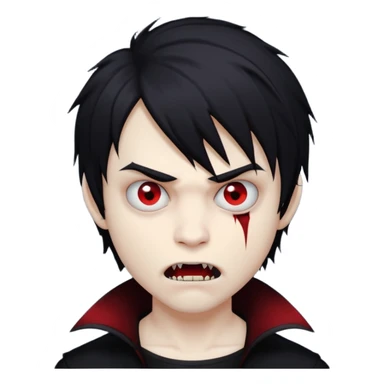 boy vampire with black medium-long emo shaggy hair, dark and spooky, creepy expression sticker