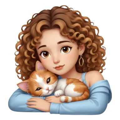 cute balayage curly/wavy haired girl, hoop earrings, brown eyes, clean girl makeup sleeping with her calico kitten sticker