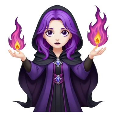 A dark sorceress with wavy purple hair, wearing a black cloak, summoning violet flames sticker