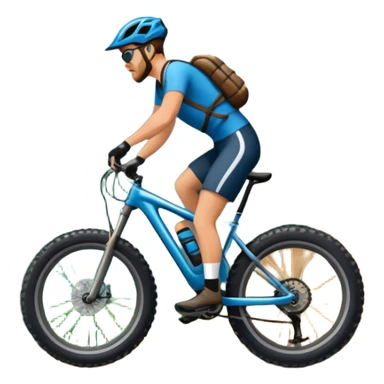An icon featuring a forest trail or rocky mountain road. The background shows dense trees, steep slopes, and distant peaks under a clear blue sky with mountain bike with wide tires, positioned on  Transparent background highlights the thrill and rugged beauty of mountain biking. sticker