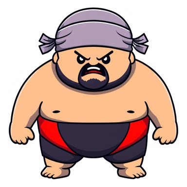 Extreme close-up of face of morbidly obese white skin guy with young face, prominent BLACK DURAG tied clearly on head, black beard but no mustache, clean shaven upper lip, black eyes in a red and black wrestling singlet with angry expression sticker