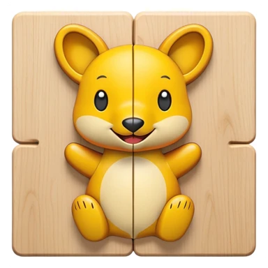A wooden puzzle animal character with interlocking pieces and a happy expression sticker