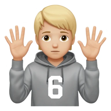 a white kid blone hair with a grey hoodie and his above his hands saying 67 one 6 on 1 hand 7 on the other sticker