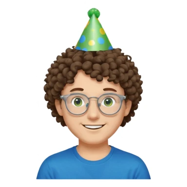 A white guy with curly brown hair and green eyes with a happy face, and wear square glasses.He’s also got a full silver birthday party hat on his head with blue pom poms on top of it, and his T-shirt is all black, he wears a little gold circle earrings on his left  sticker