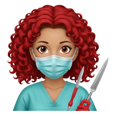 Lilith symbol seductress evil surgeon. curly, long hair. brown hair. Red surgical mask and hair covering. She works for cartel and kills  with a scalpel. sticker