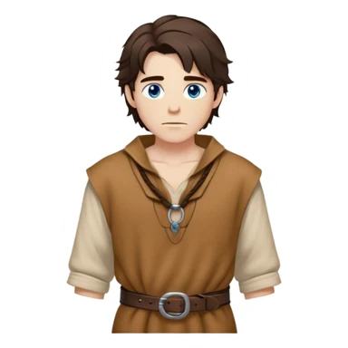 Medieval spring outfit worn by a DnD themed fantasy male character. Rustic tan wool tunic with bone toggle closures, secured by a twisted leather cord belt. Clothes only above the waist, full waist coverage. The character has no arms. Character is white-skinned with dark honey hair, steel blue eyes, and medium-length tousled hair with natural highlights. sticker