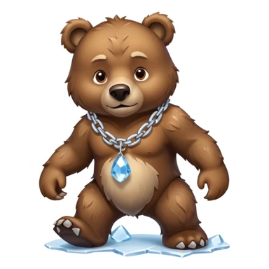 Fierce brown bear walking on four paws with an ice chain necklace, frozen chain links made of crystal clear ice, serious face sticker