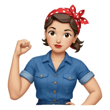 Rosie the Riveter in traditional pose flexing right arm, blue work shirt, red polka dot bandana, confident expression sticker