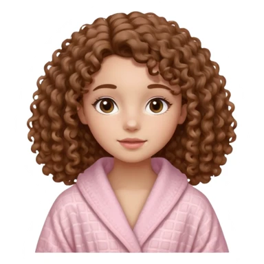  “16-year-old girl with light warm-toned skin and medium brown 3B curly hair, wearing a light pink waffle-textured robe, oval-shaped face with full lips, almond dark eyes, natural makeup look, Clean girl aesthetic, soft curls, natural glow, feminine and sweet expression. sticker