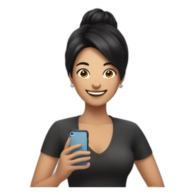 happy woman with black hair holding a iphone sticker