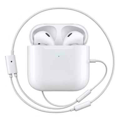 White Apple EarPods with cord coiled in a circle, white wired headphones neatly wrapped in circular shape, iOS style sticker