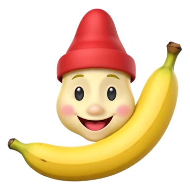 A 3D cartoon banana with a red nose and tiny hat, smiling face, playful pose, Memoji-style. sticker