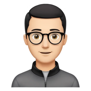 Caucasian man with black hair cut extremely short (almost buzz cut), short beard with gray streaks, large black eyeglasses, cheerful expression, black long sleeve shirt with quarter zip collar sticker