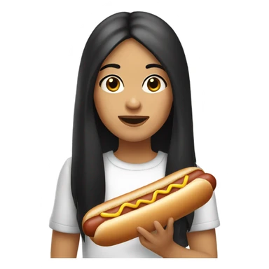 white italian girl with long black hair, brown eyes, eating hot dog sticker