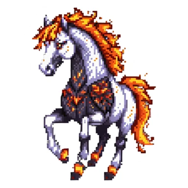 A fast-running fire horse made of embers, magma, and visible lava, with burning mane and ash particles sticker